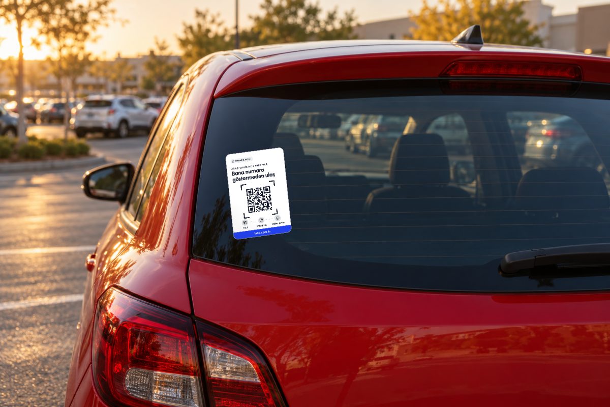 Talimatlı beyaz araç QR sticker – Arka cam, akşam