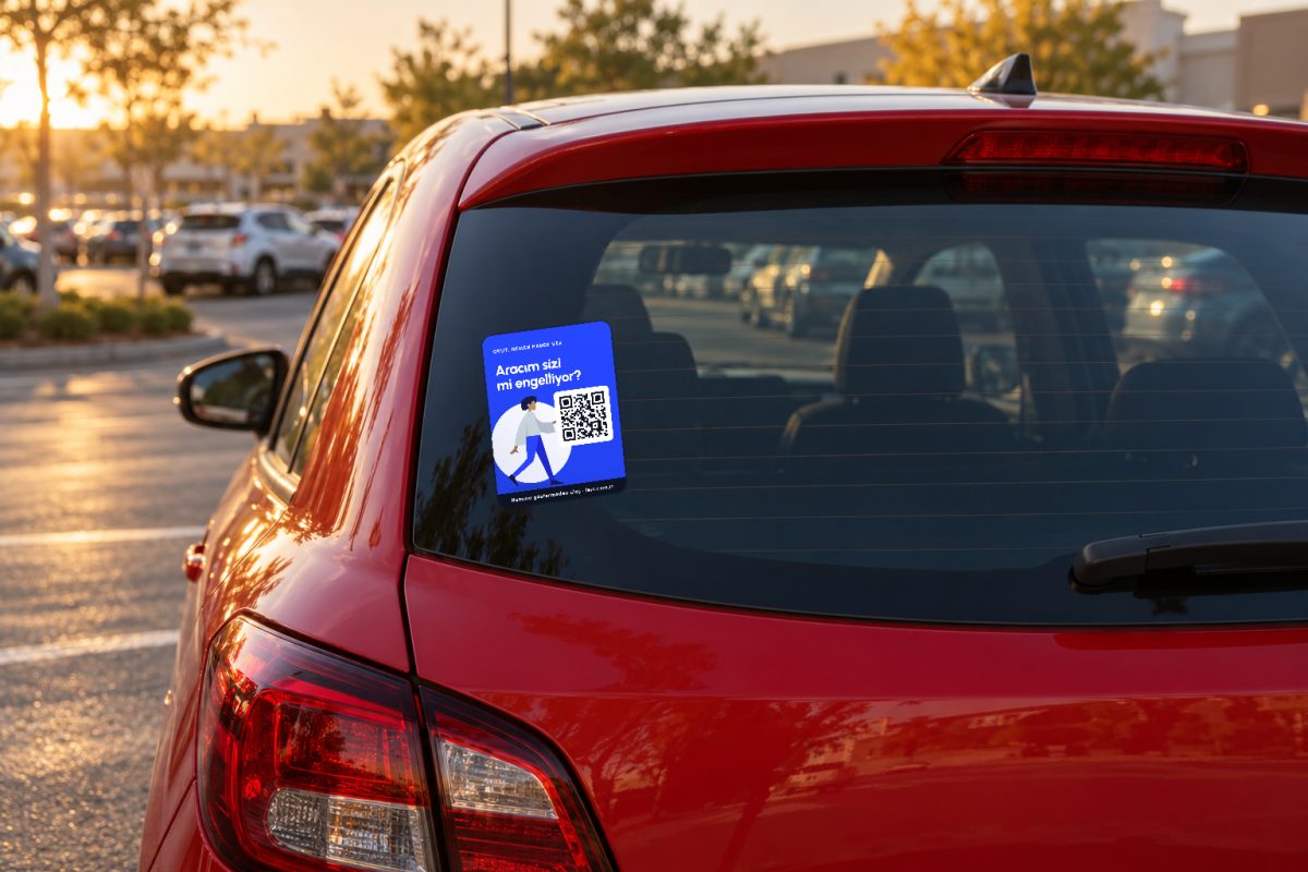 Karakterli mavi araç QR sticker – Arka cam, akşam