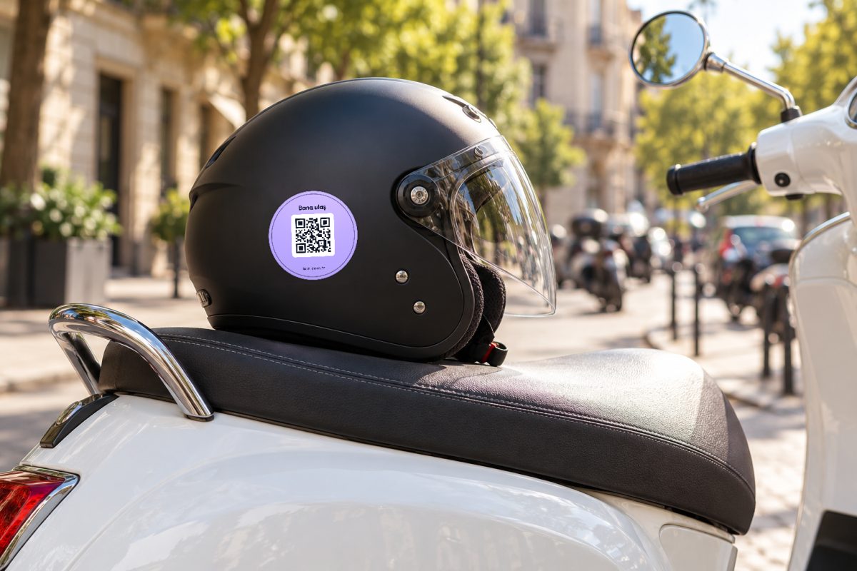 Mini yuvarlak lila araç QR sticker – Kask