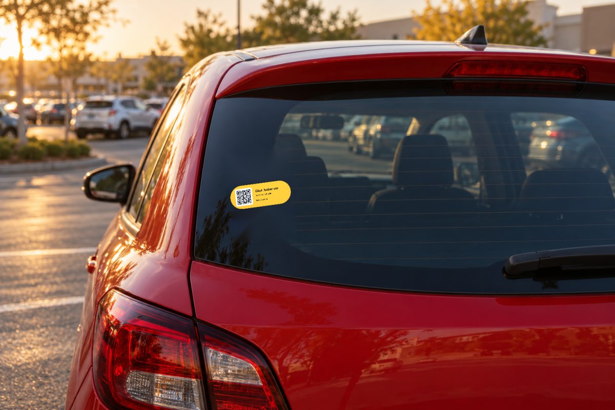 Mini rozet sarı araç QR sticker – Arka cam, akşam