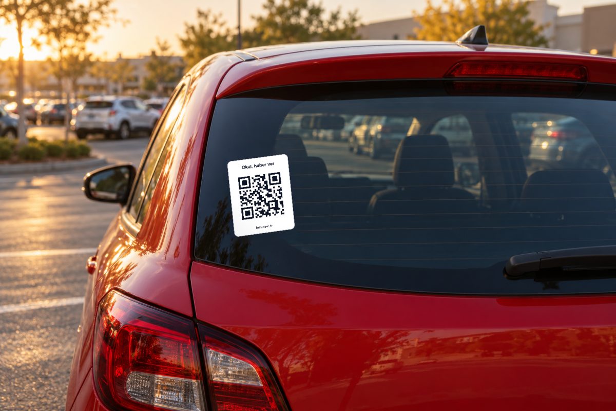 Sade beyaz araç QR sticker – Arka cam, akşam